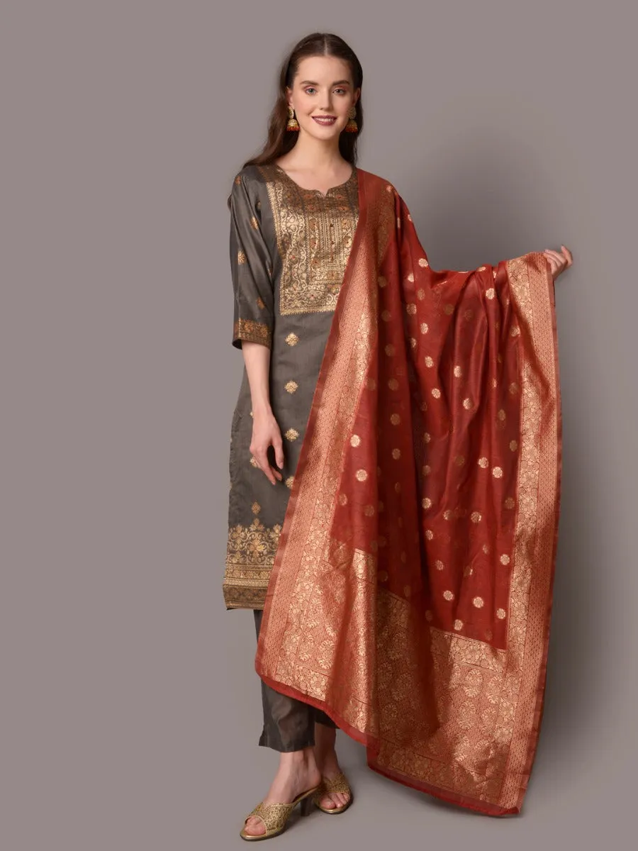 Women Grey Printed Kurta Trouser Dupatta