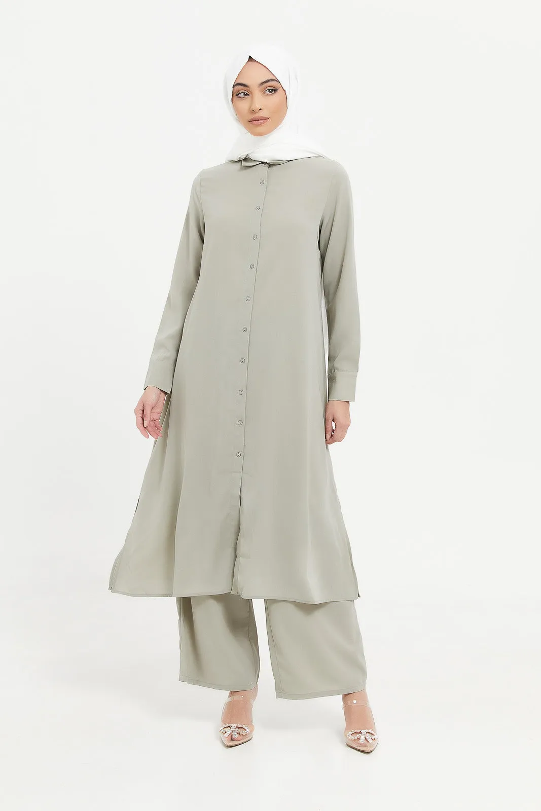 Women Grey Shirt Collar Long Dress