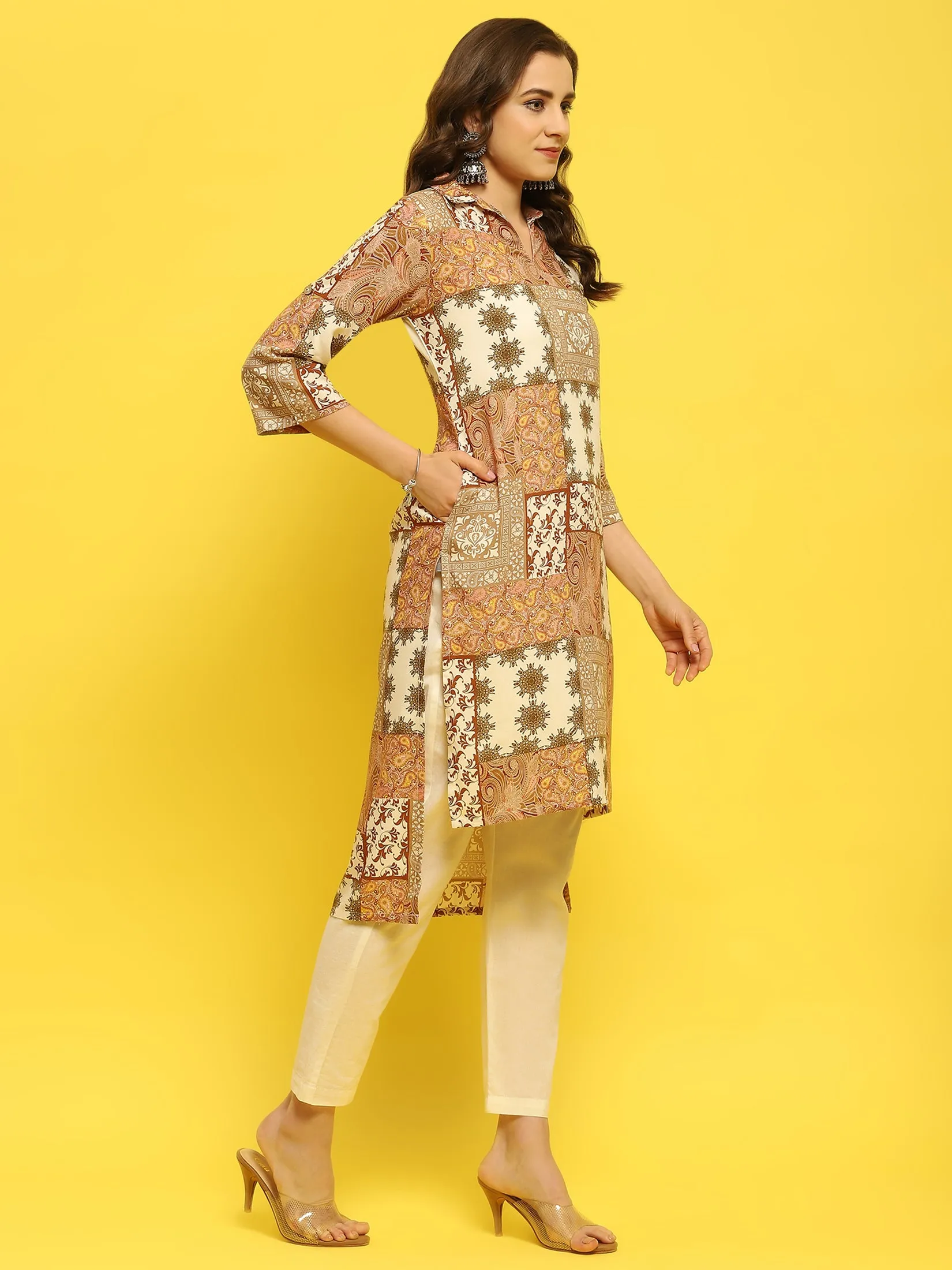 Women Liva Rayon Multicolor Ornamental Print Kurta