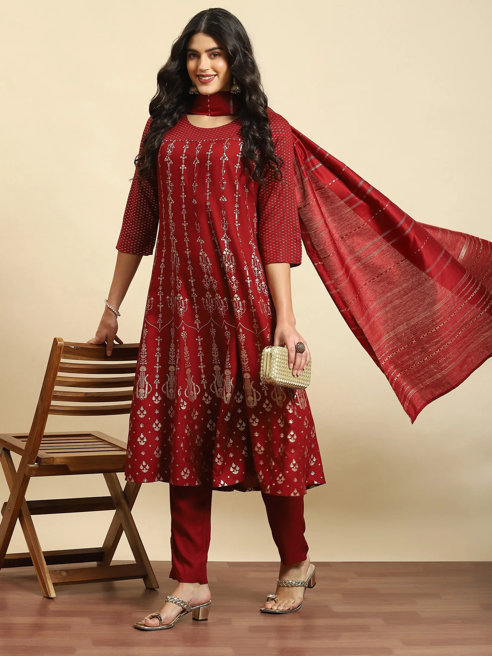 Women Maroon Ornamental Print Kurta Trouser Dupatta