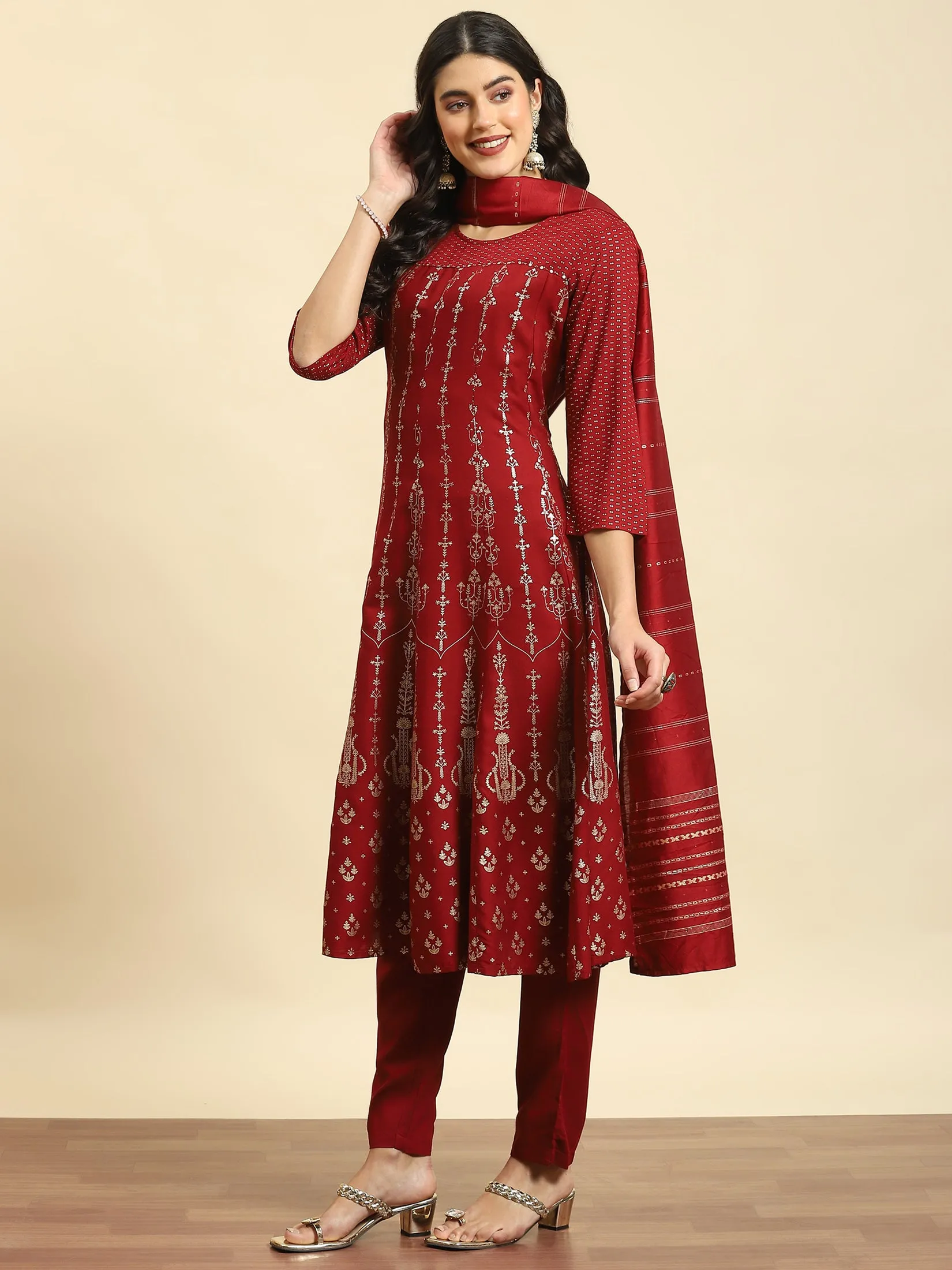 Women Maroon Ornamental Print Kurta Trouser Dupatta