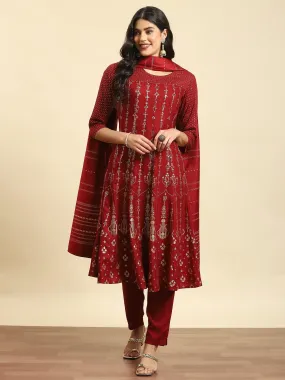 Women Maroon Ornamental Print Kurta Trouser Dupatta