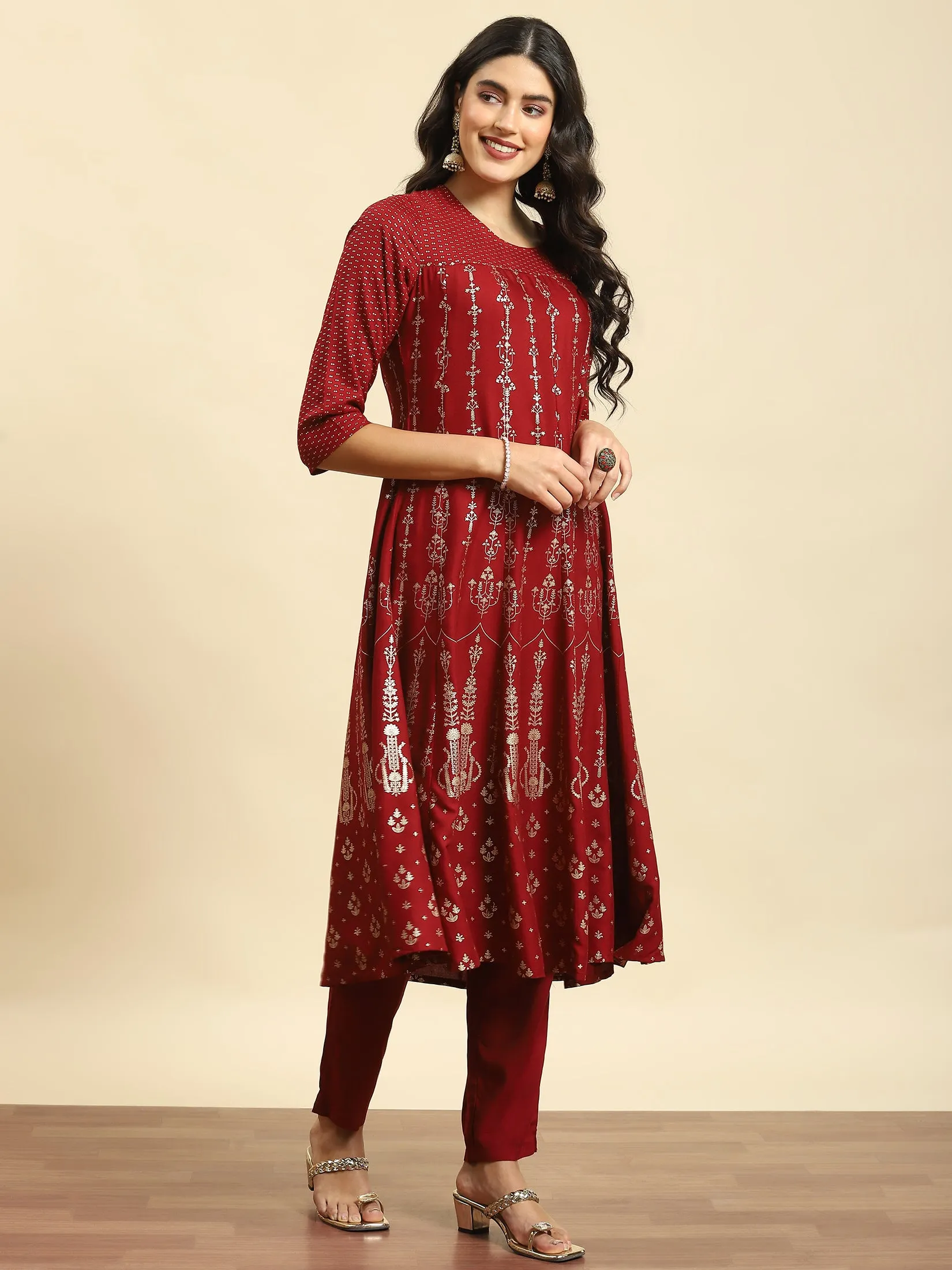 Women Maroon Ornamental Print Kurta Trouser Dupatta