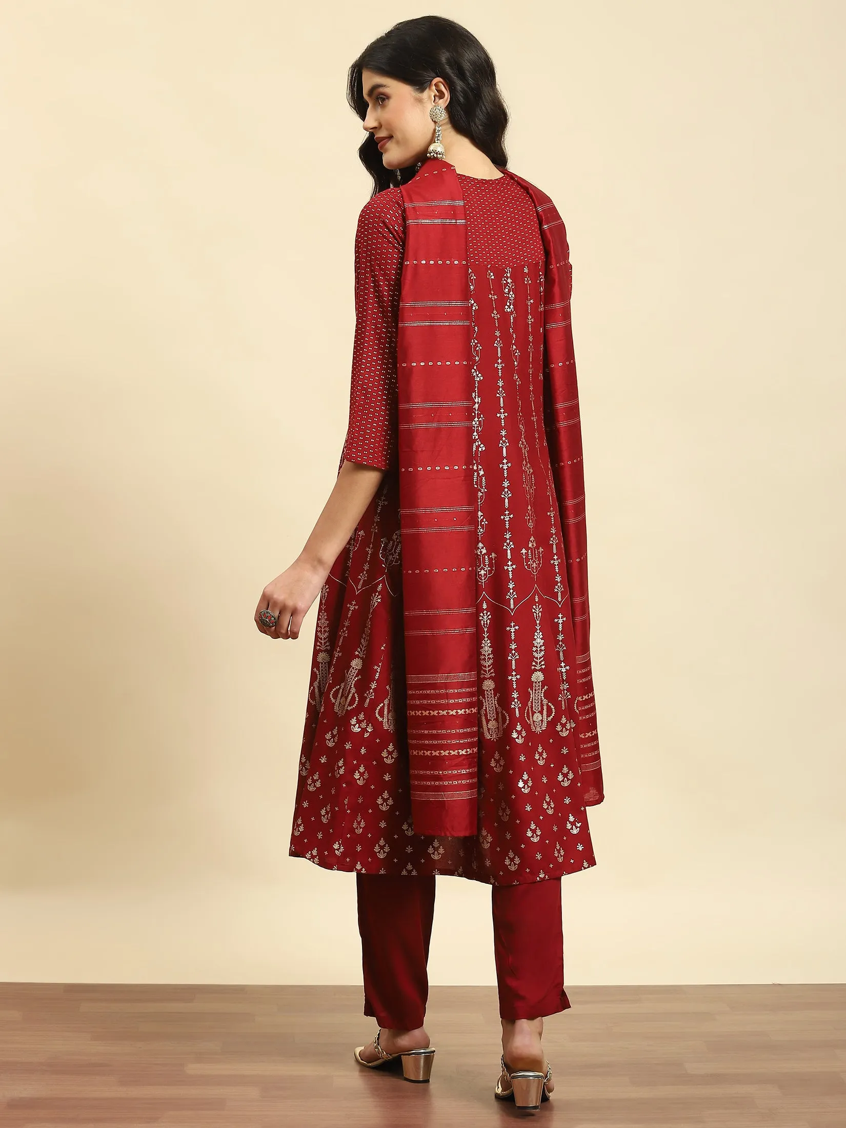 Women Maroon Ornamental Print Kurta Trouser Dupatta