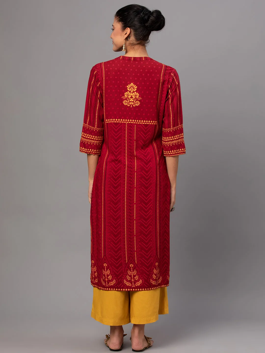 Women Maroon Ornamental Print Kurta