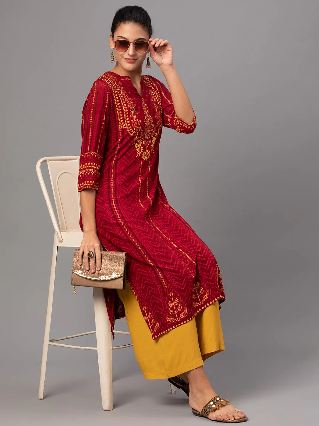 Women Maroon Ornamental Print Kurta