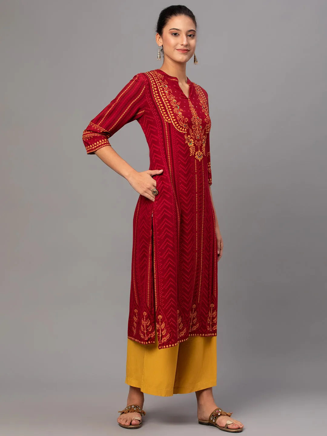 Women Maroon Ornamental Print Kurta