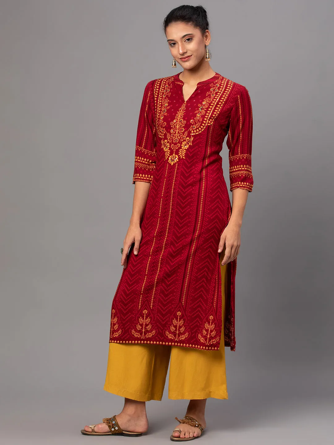 Women Maroon Ornamental Print Kurta