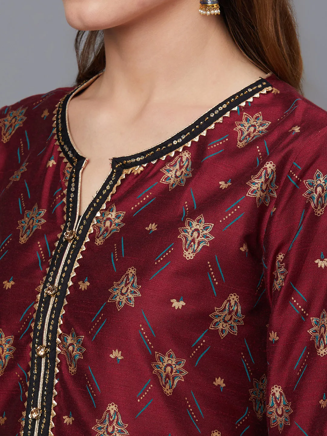 Women Maroon Ornamental Printed Kurta Trouser