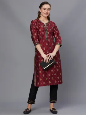 Women Maroon Ornamental Printed Kurta Trouser