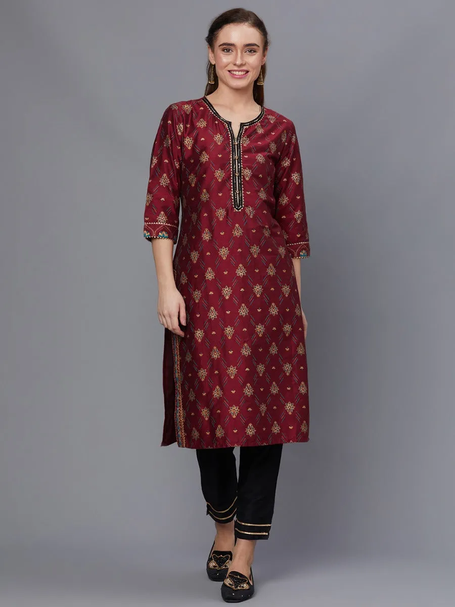 Women Maroon Ornamental Printed Kurta Trouser