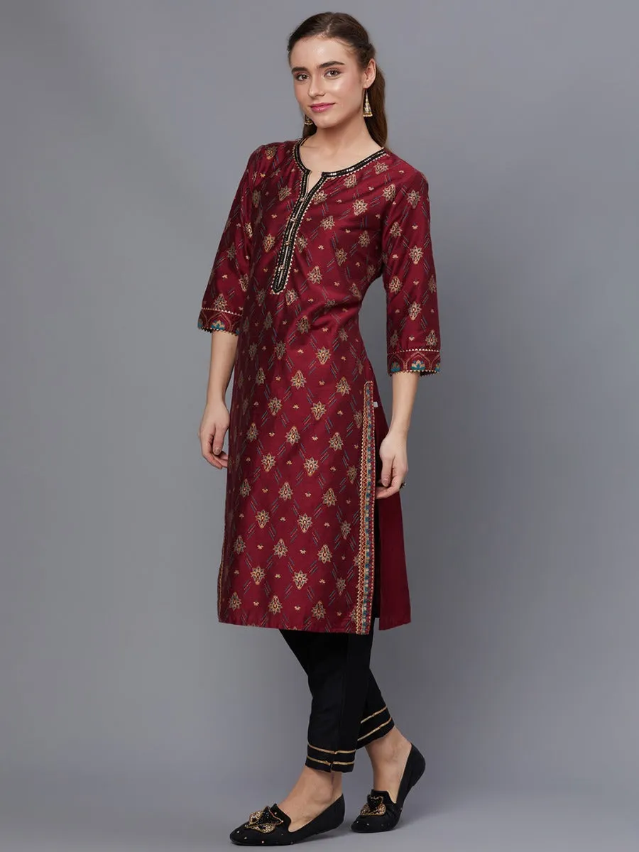 Women Maroon Ornamental Printed Kurta Trouser