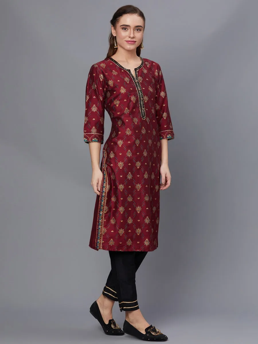 Women Maroon Ornamental Printed Kurta Trouser