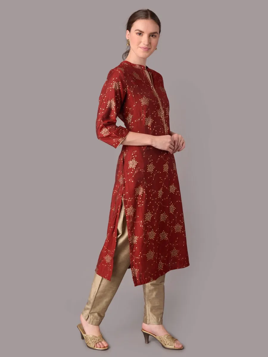 Women Maroon Ornamental Printed Kurta With Trouser