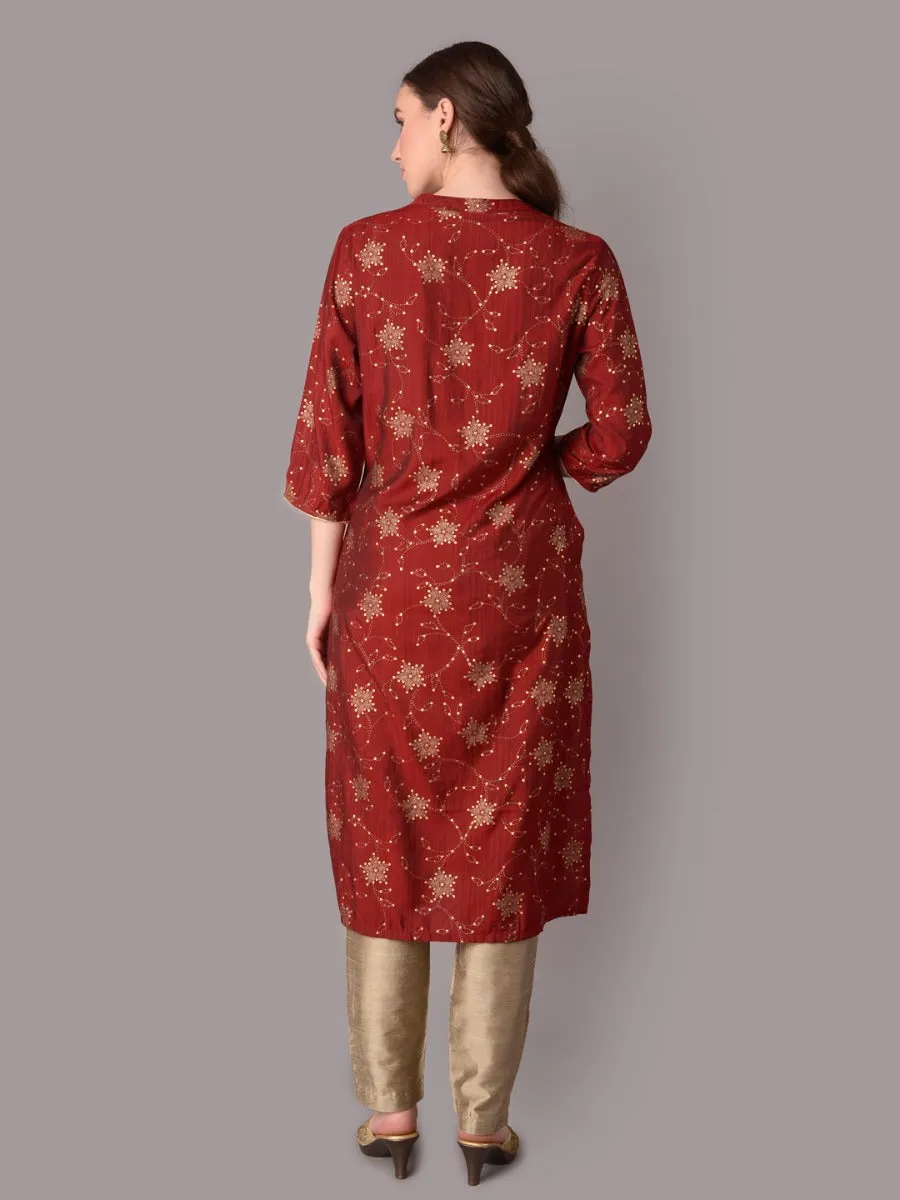 Women Maroon Ornamental Printed Kurta With Trouser