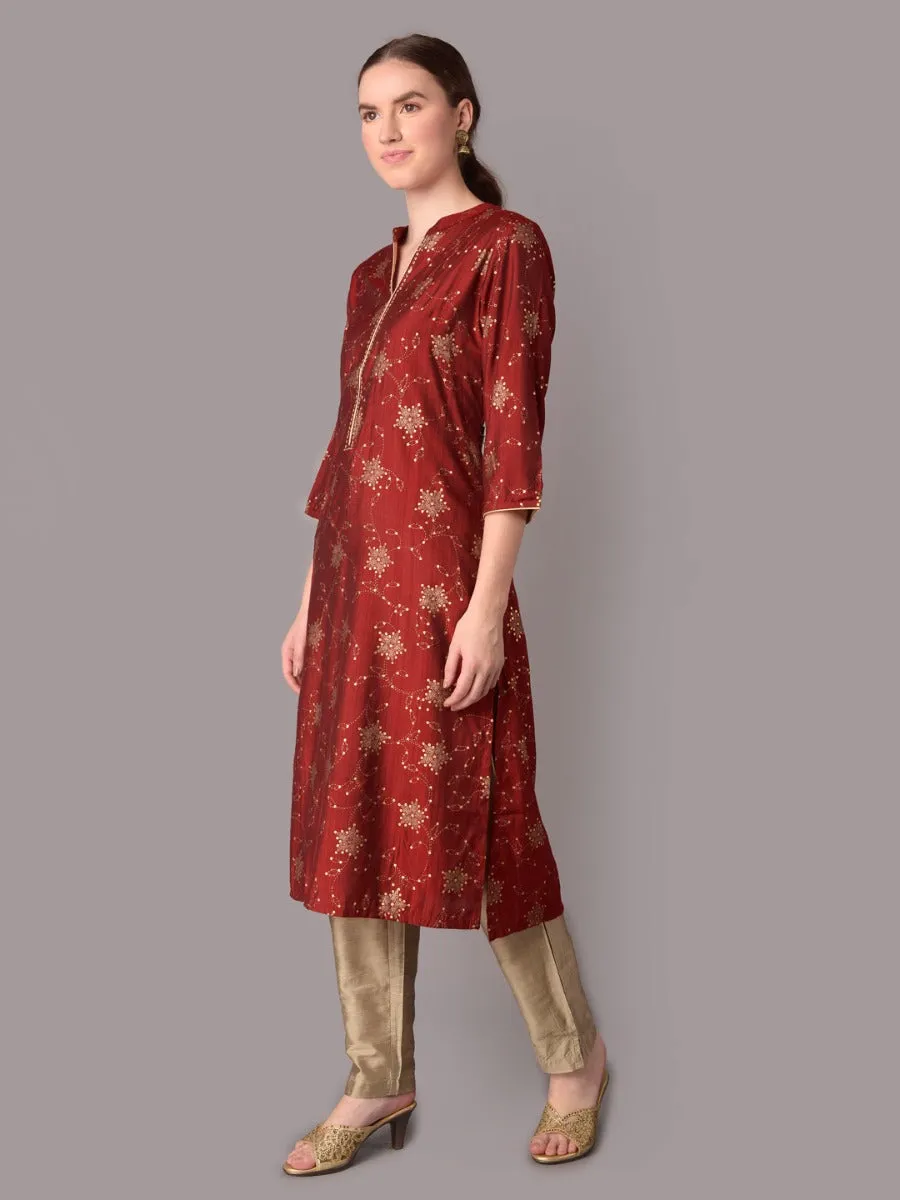 Women Maroon Ornamental Printed Kurta With Trouser