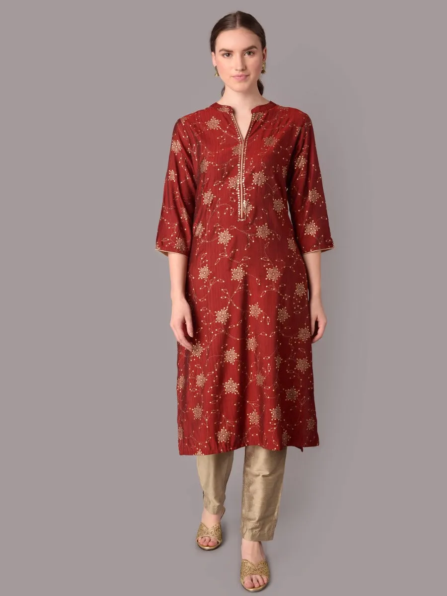 Women Maroon Ornamental Printed Kurta With Trouser