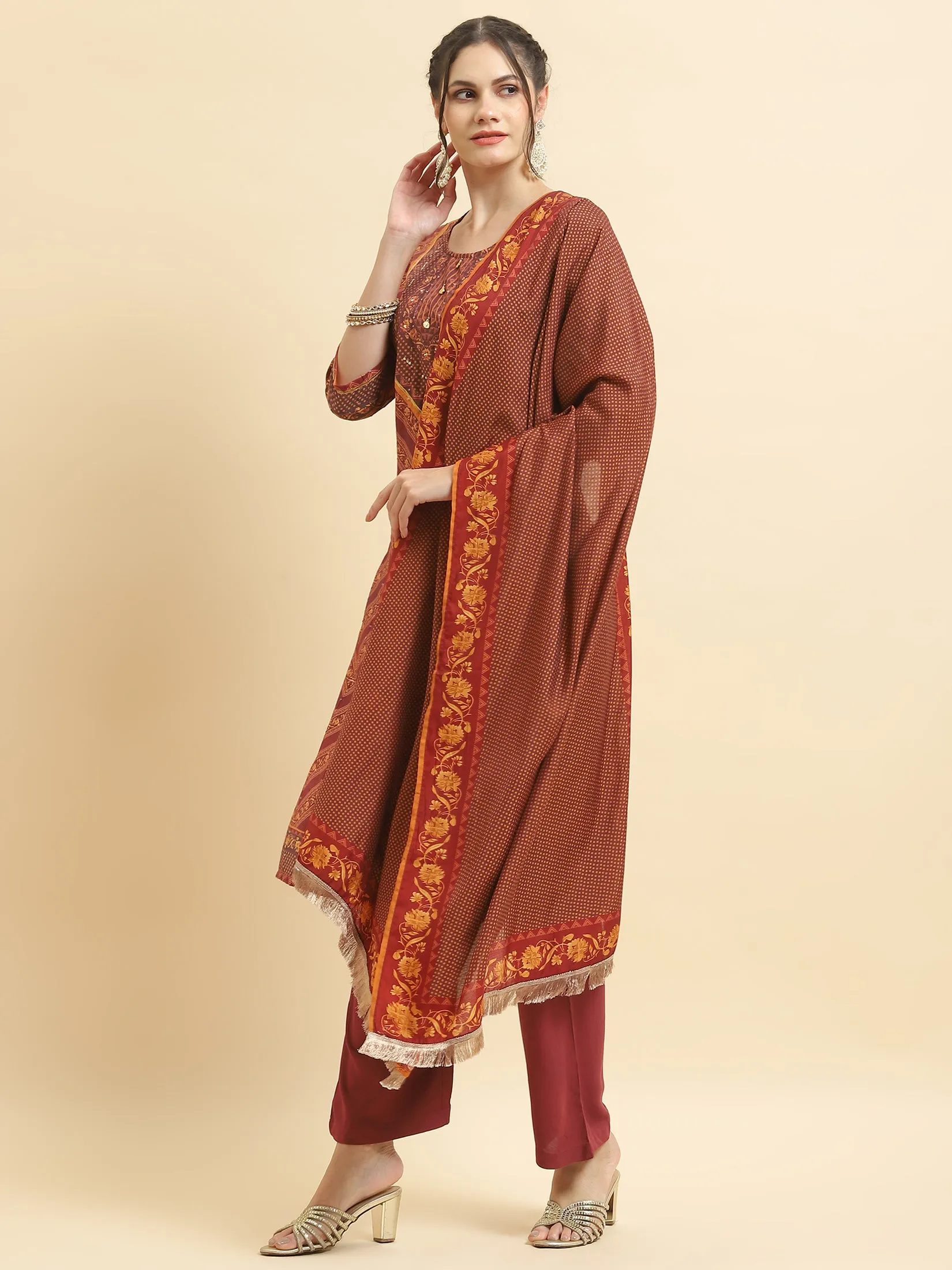 Women Muslin Burgundy Ornamental Print Kurta Comfort Pant Dupatta