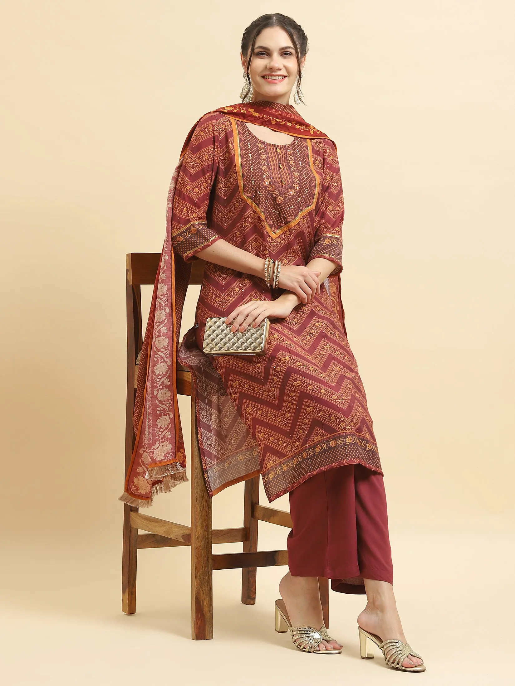 Women Muslin Burgundy Ornamental Print Kurta Comfort Pant Dupatta