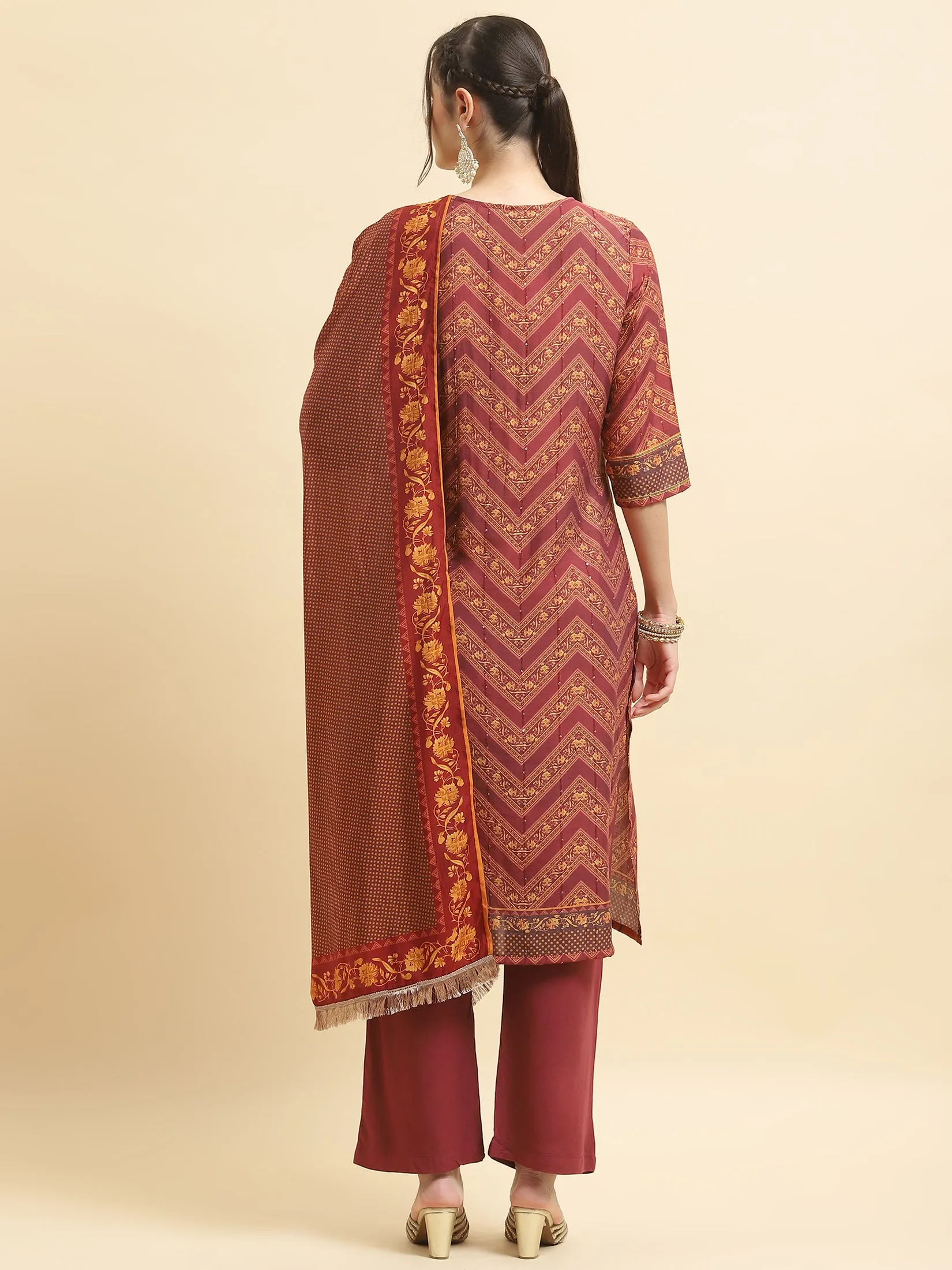 Women Muslin Burgundy Ornamental Print Kurta Comfort Pant Dupatta