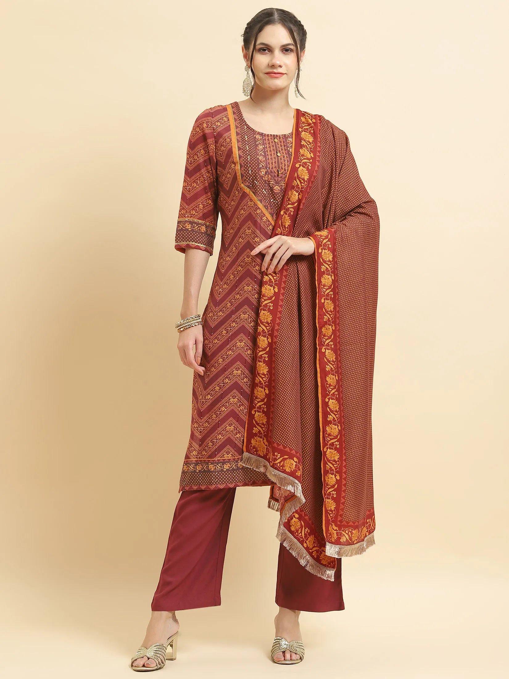 Women Muslin Burgundy Ornamental Print Kurta Comfort Pant Dupatta