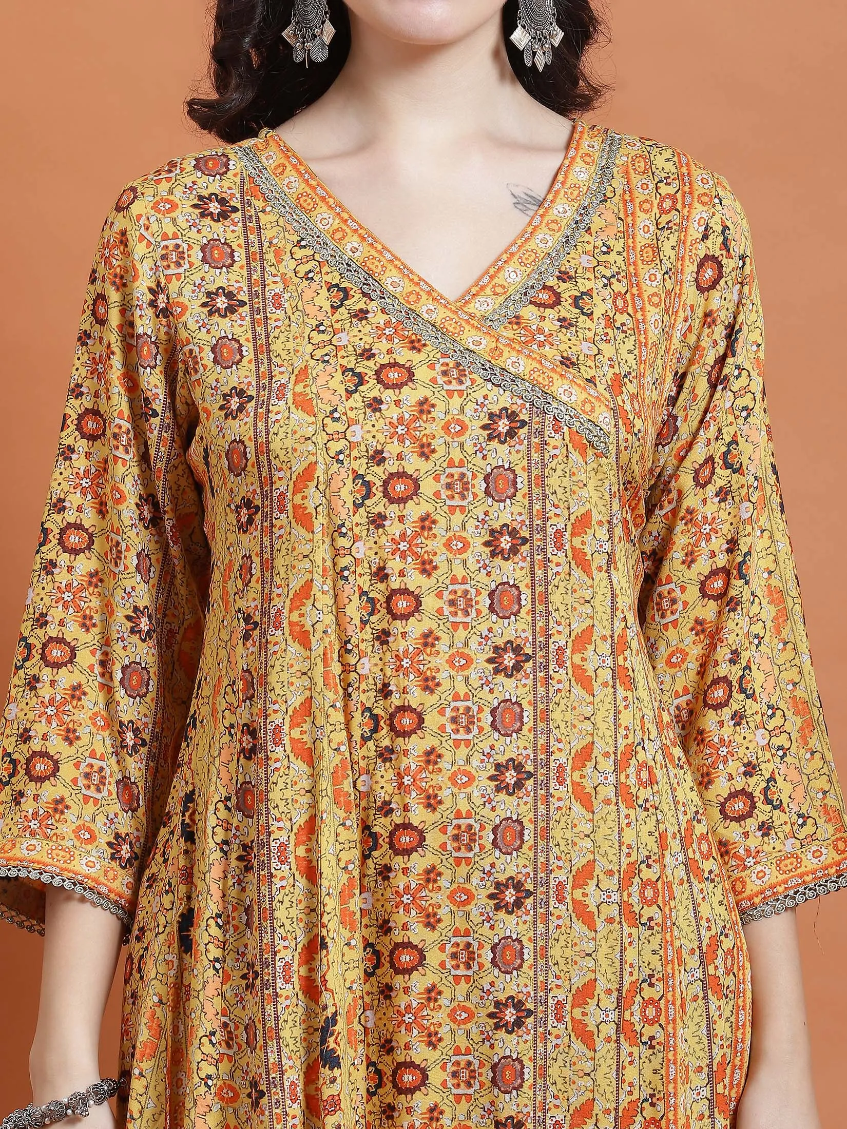 Women Mustard Ornamental Print Kurta Trouser Dupatta