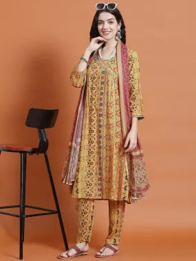 Women Mustard Ornamental Print Kurta Trouser Dupatta