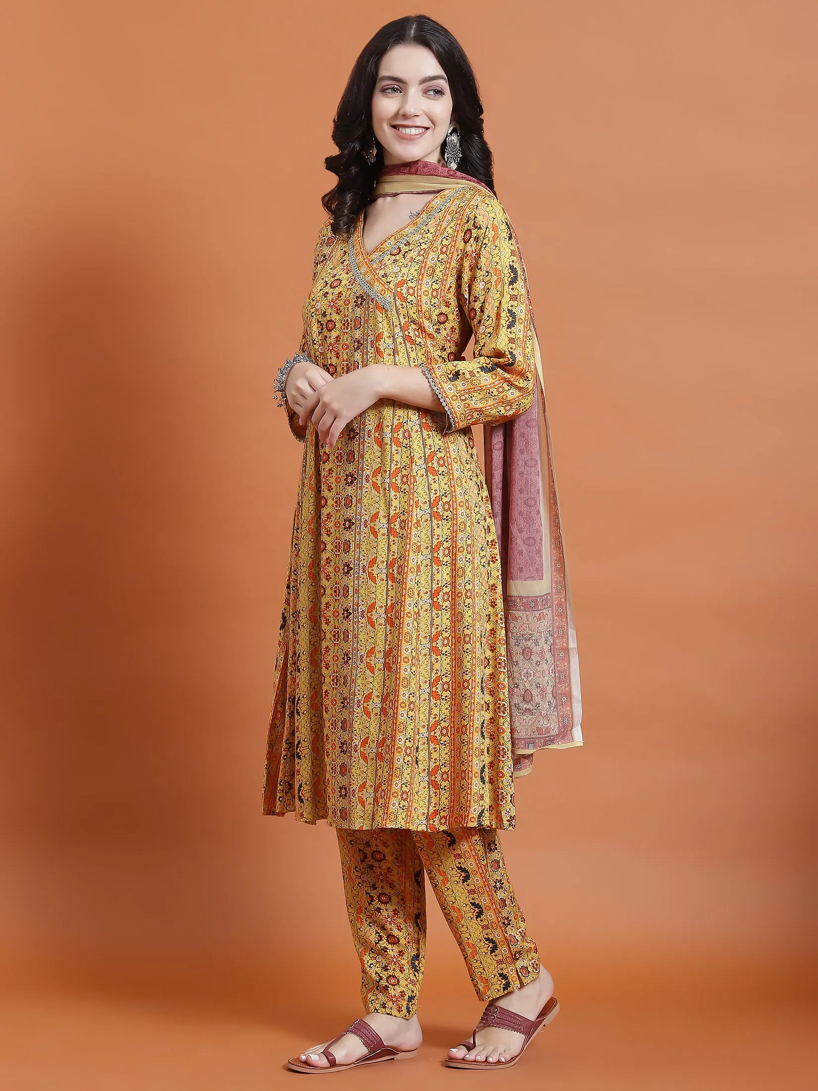 Women Mustard Ornamental Print Kurta Trouser Dupatta