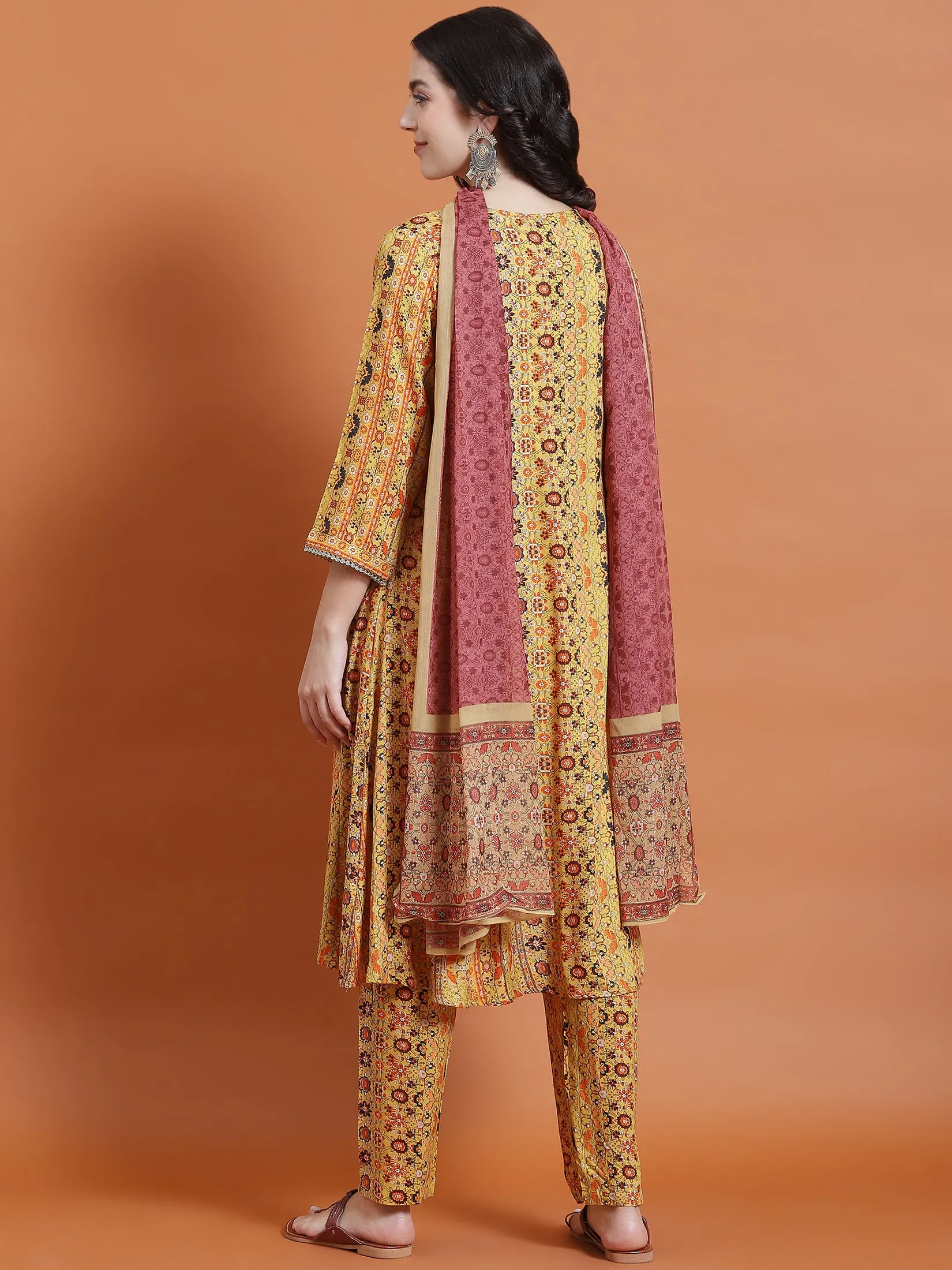 Women Mustard Ornamental Print Kurta Trouser Dupatta