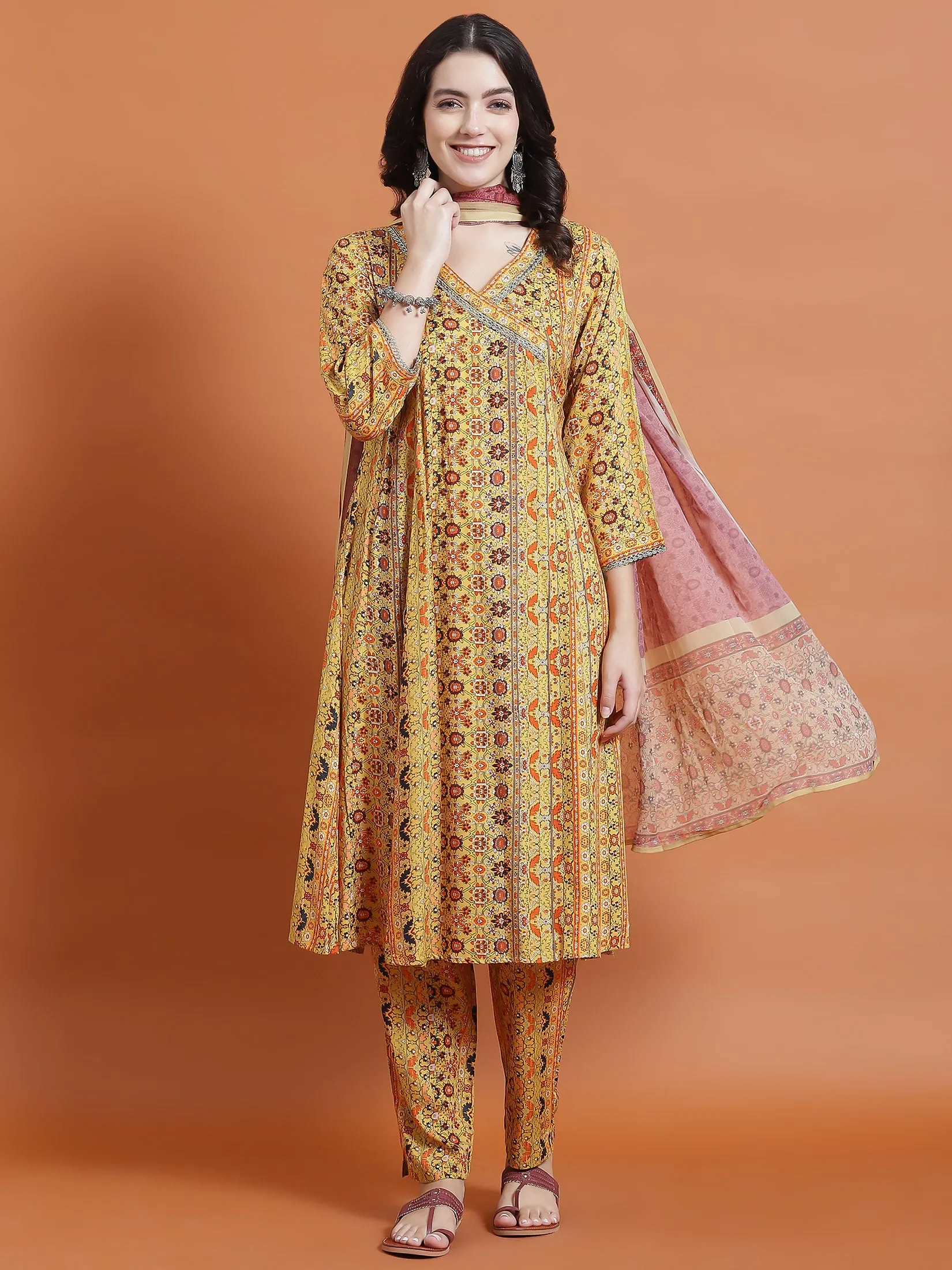 Women Mustard Ornamental Print Kurta Trouser Dupatta