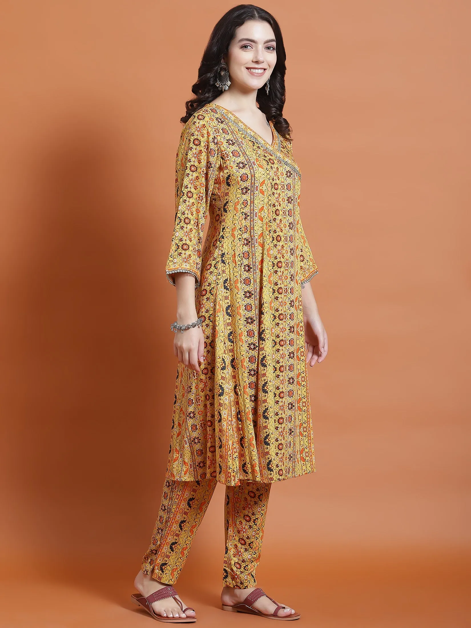 Women Mustard Ornamental Print Kurta Trouser Dupatta