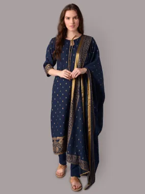 Women Navy Blue Kurta Trouser With Dupatta