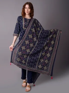 Women Navy Blue Ornamental Printed Kurta Trouser Dupatta