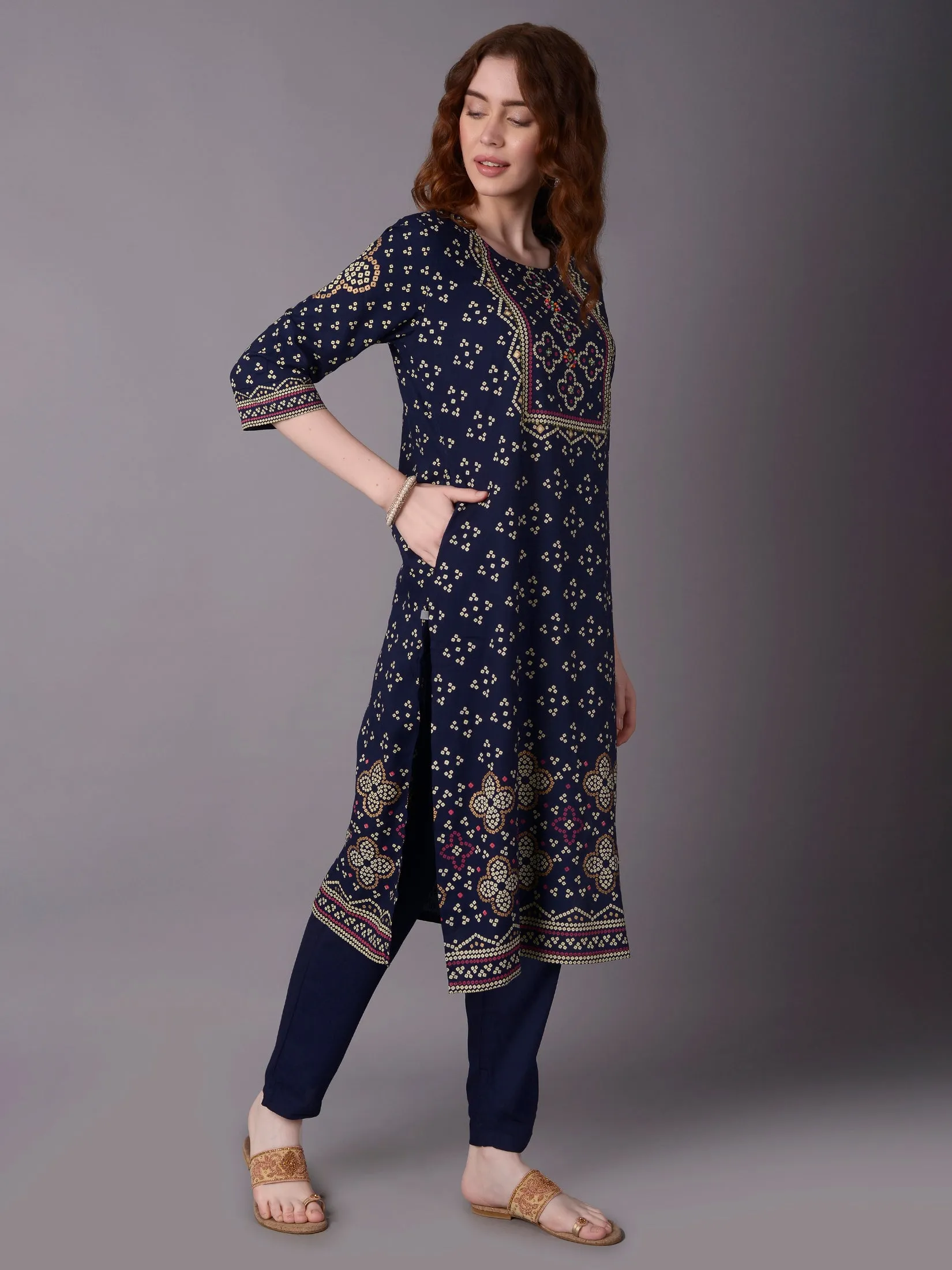 Women Navy Blue Ornamental Printed Kurta Trouser Dupatta