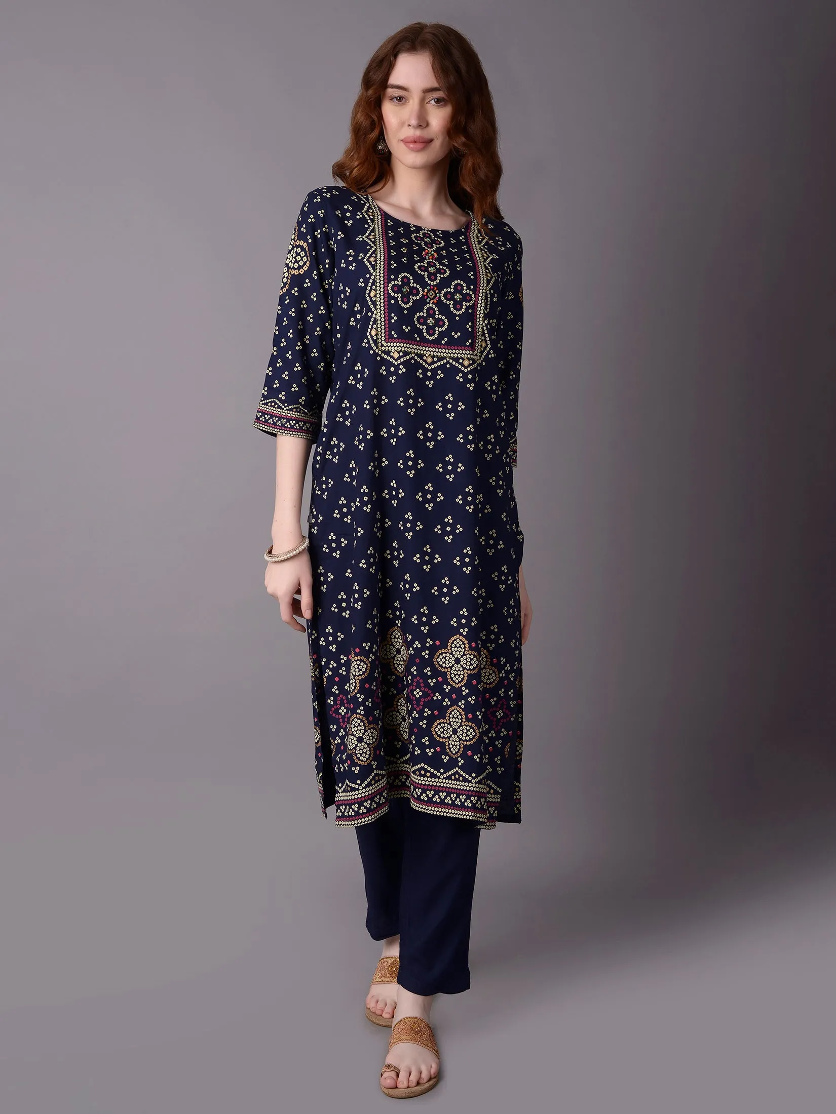 Women Navy Blue Ornamental Printed Kurta Trouser Dupatta