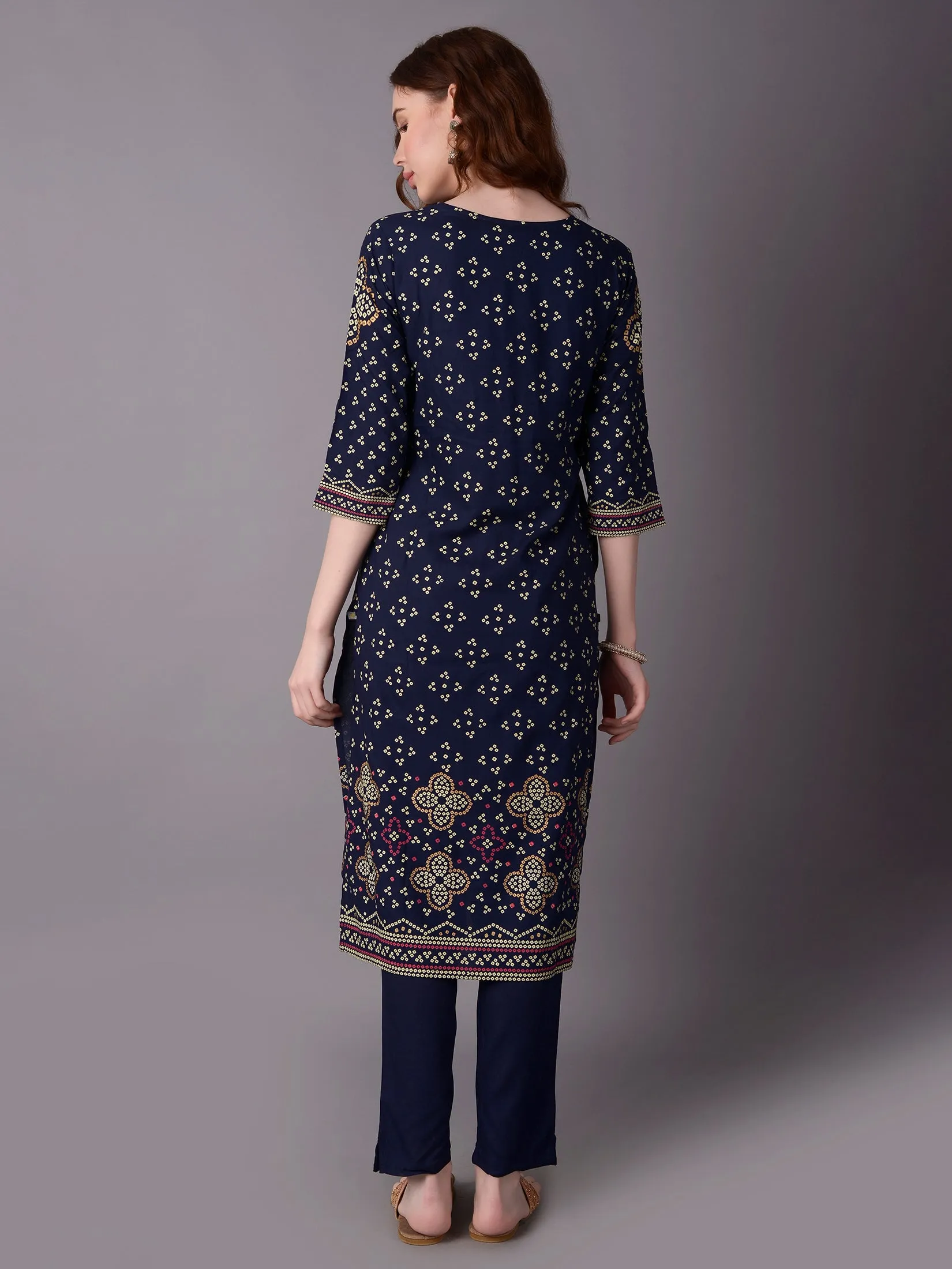 Women Navy Blue Ornamental Printed Kurta Trouser Dupatta