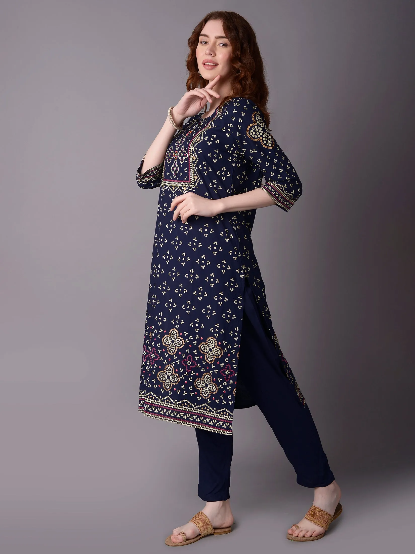 Women Navy Blue Ornamental Printed Kurta Trouser Dupatta