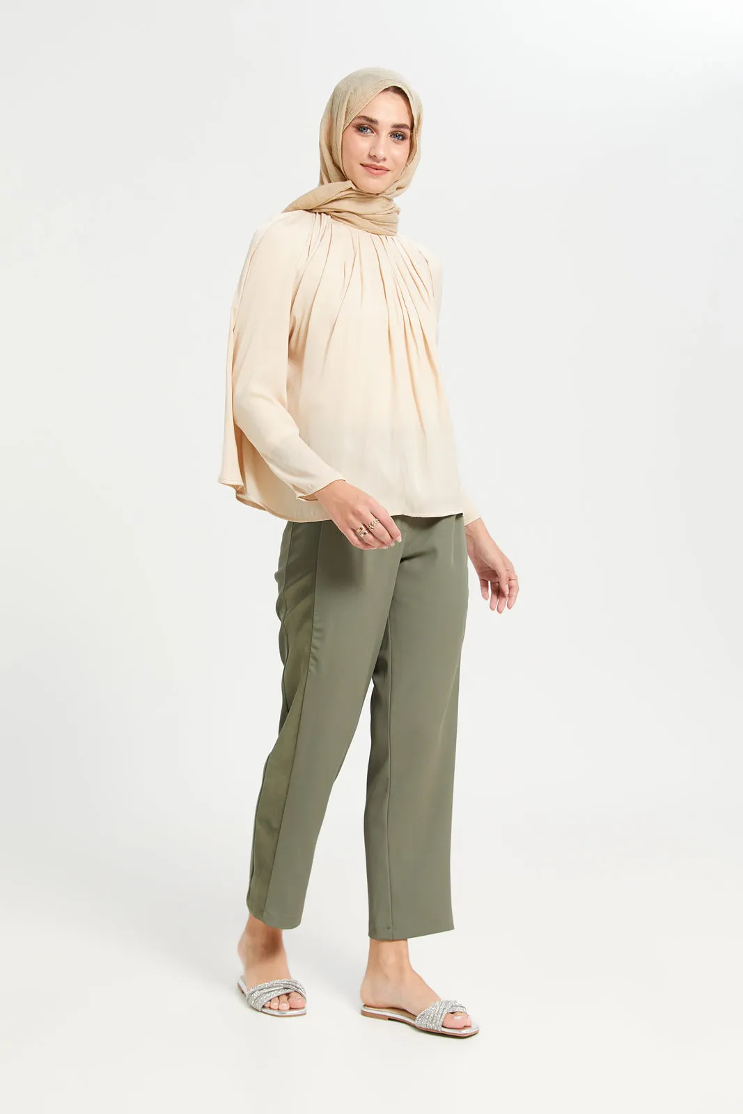 Women Olive Wide Leg Trousers With Satin Panel Details