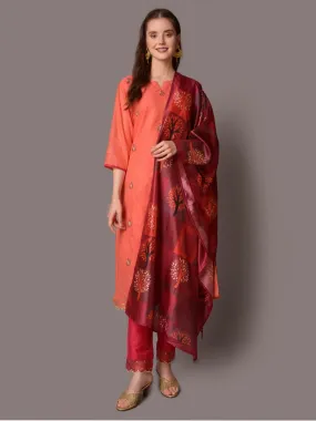 Women Orange Solid Kurta Trouser Dupatta