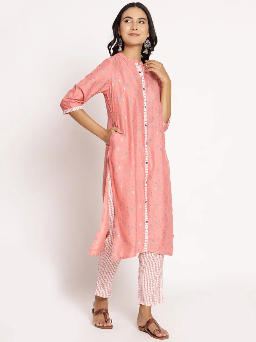 Women Peach Ornamental Printed Kurta With Trouser