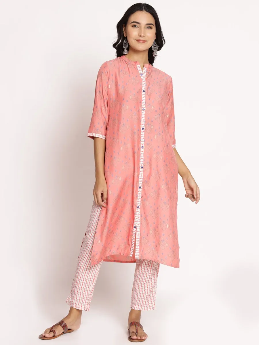 Women Peach Ornamental Printed Kurta With Trouser