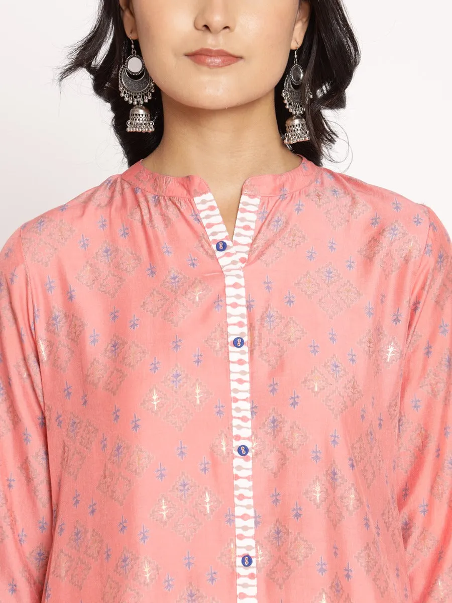 Women Peach Ornamental Printed Kurta With Trouser