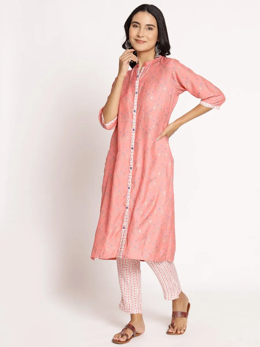 Women Peach Ornamental Printed Kurta With Trouser