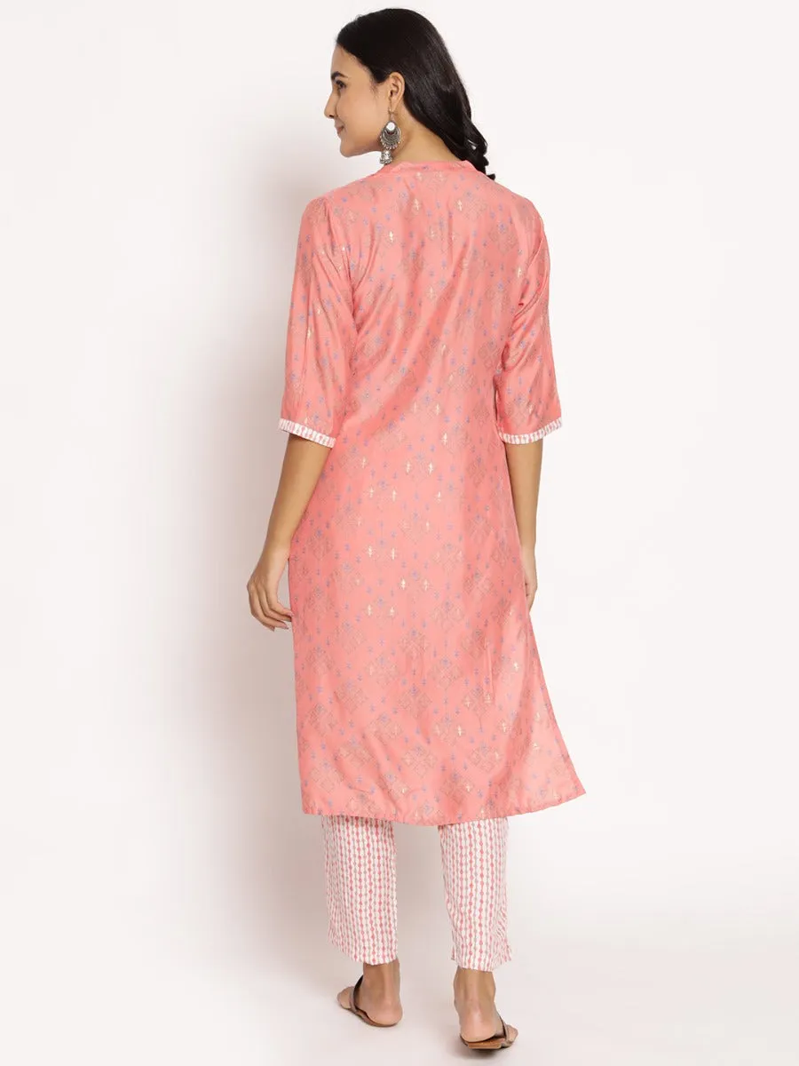 Women Peach Ornamental Printed Kurta With Trouser