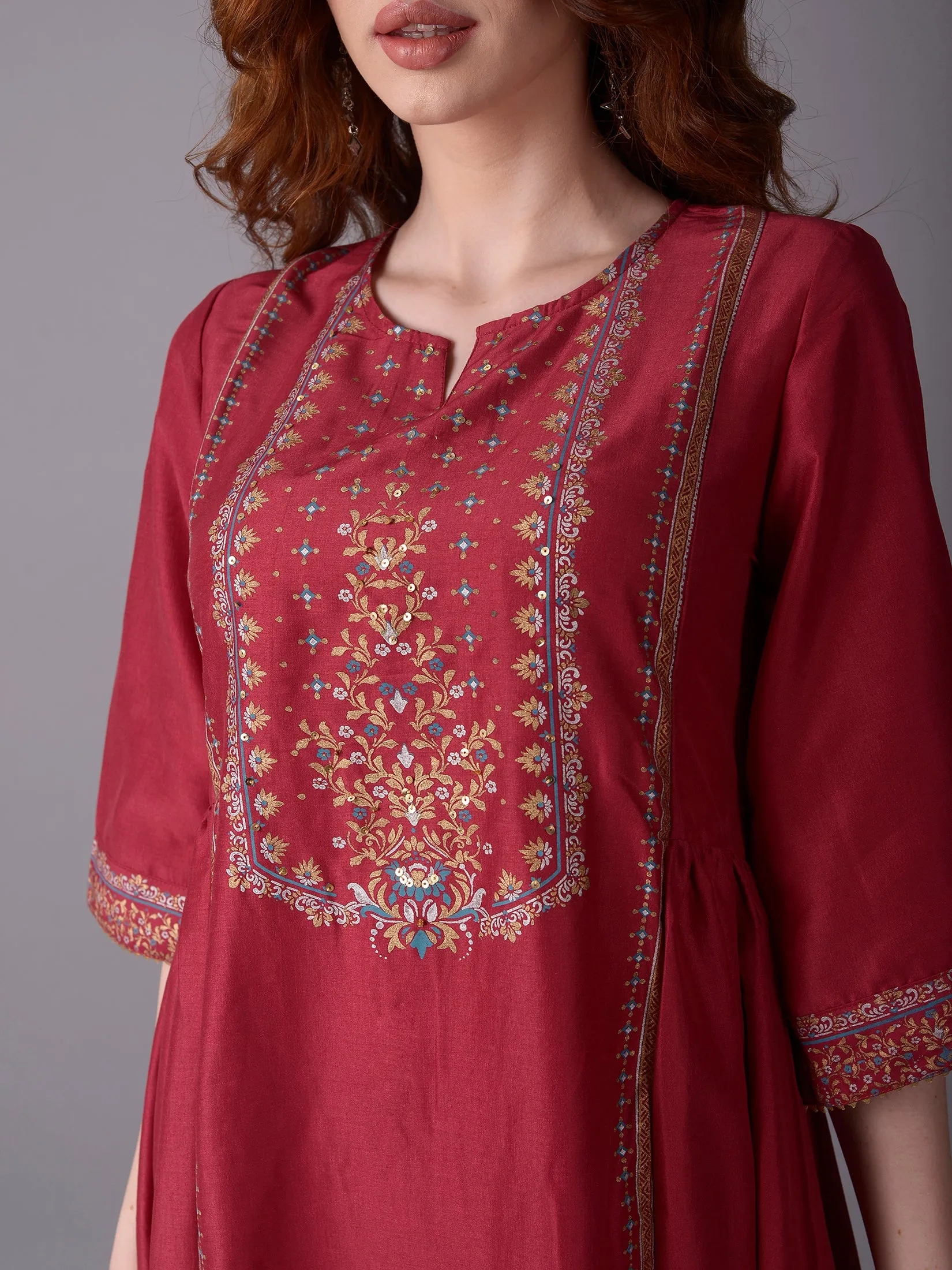 Women Pink 3/4 Sleeve Kurta With Trouser