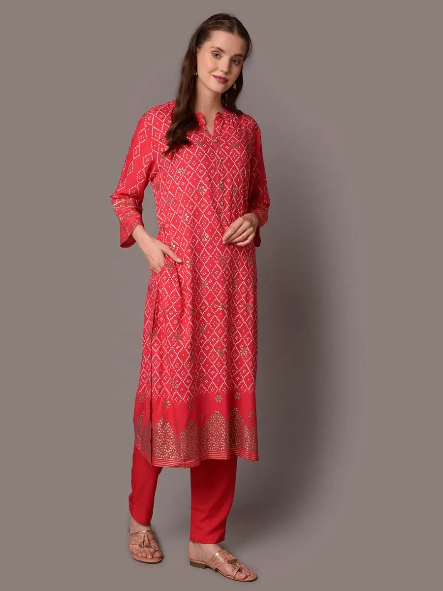 Women Pink Mandarin Collar Kurta With Trouser