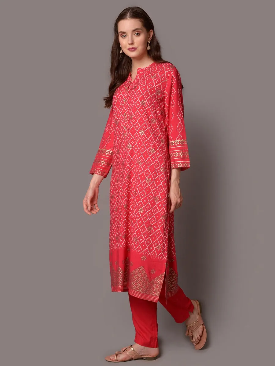 Women Pink Mandarin Collar Kurta With Trouser