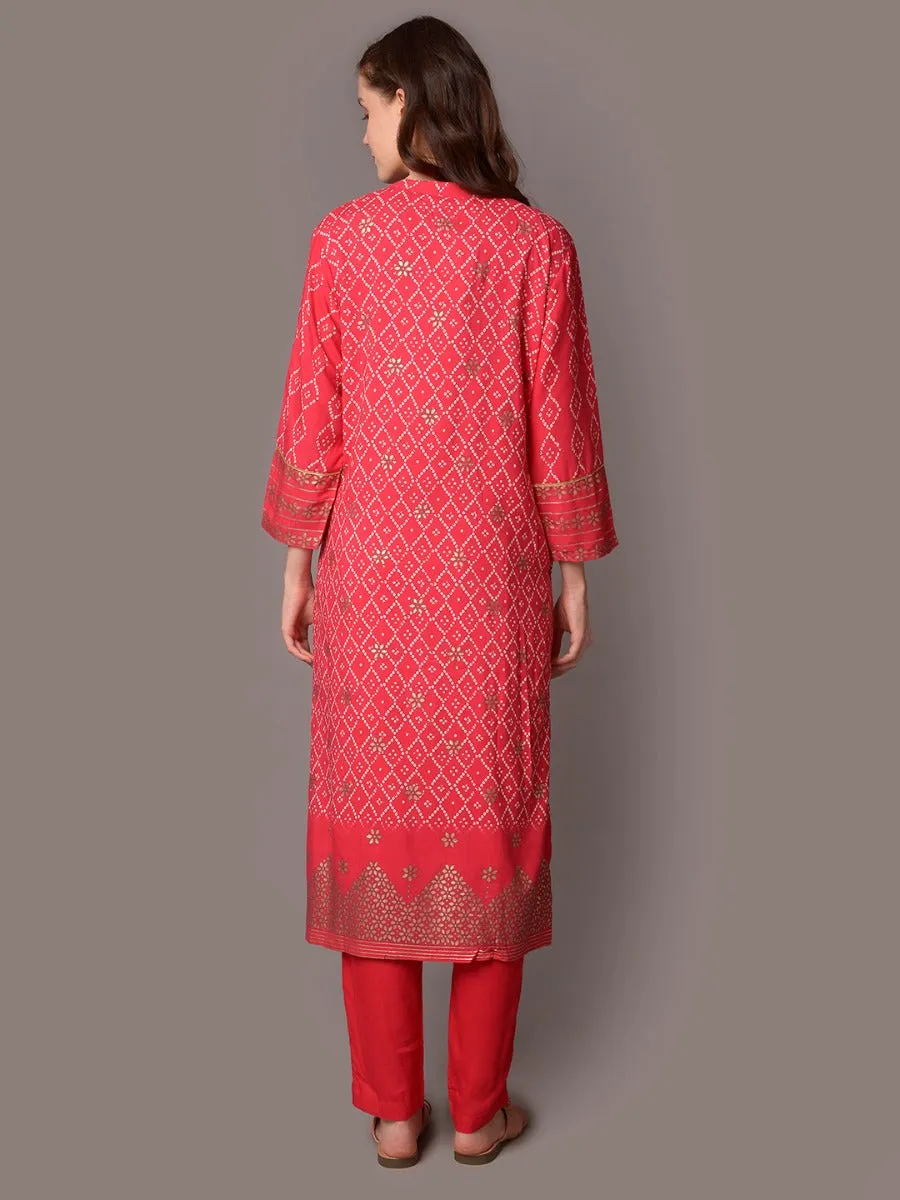 Women Pink Mandarin Collar Kurta With Trouser