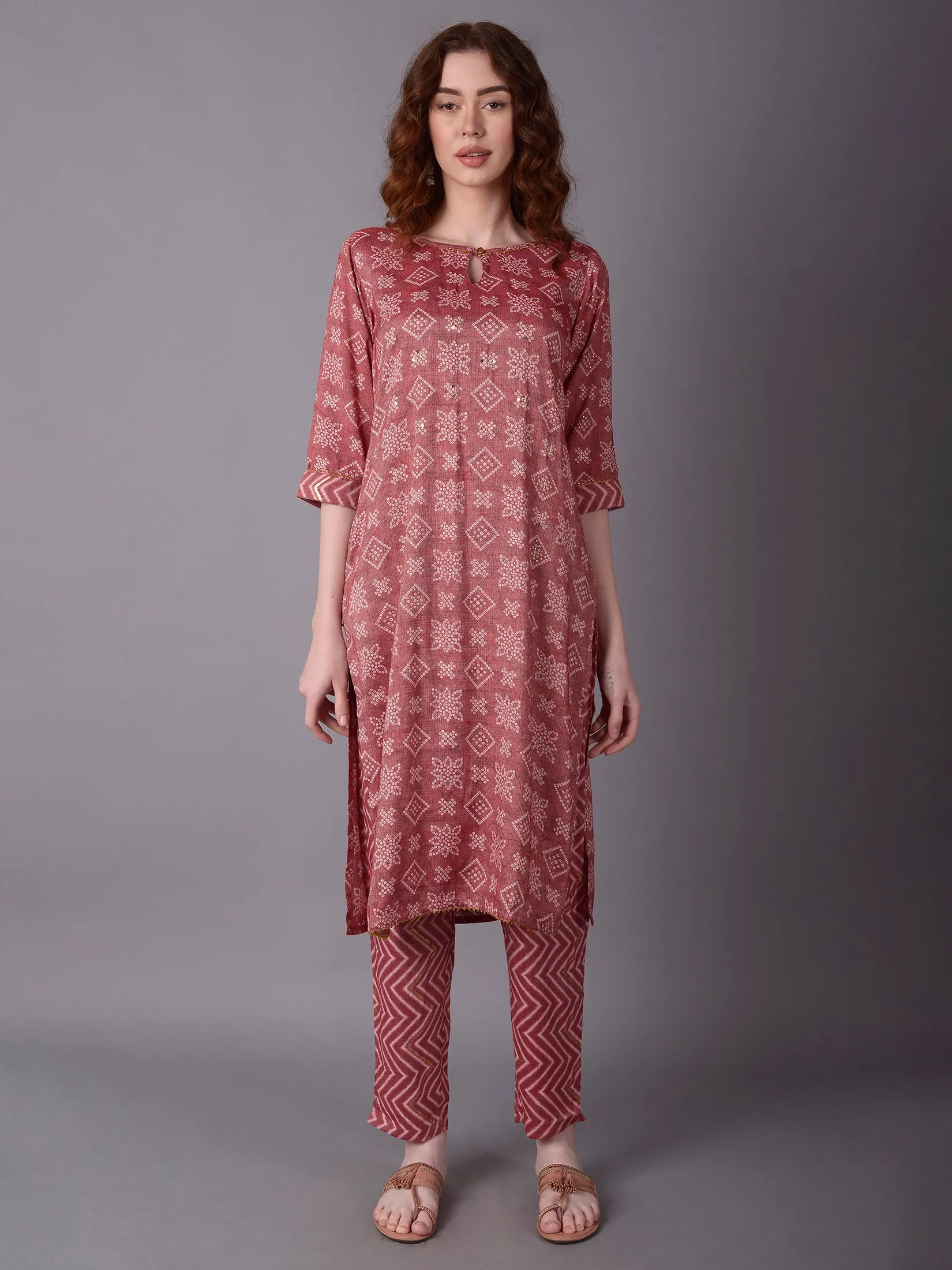 Women Pink Ornamental Print Kurta With Trouser