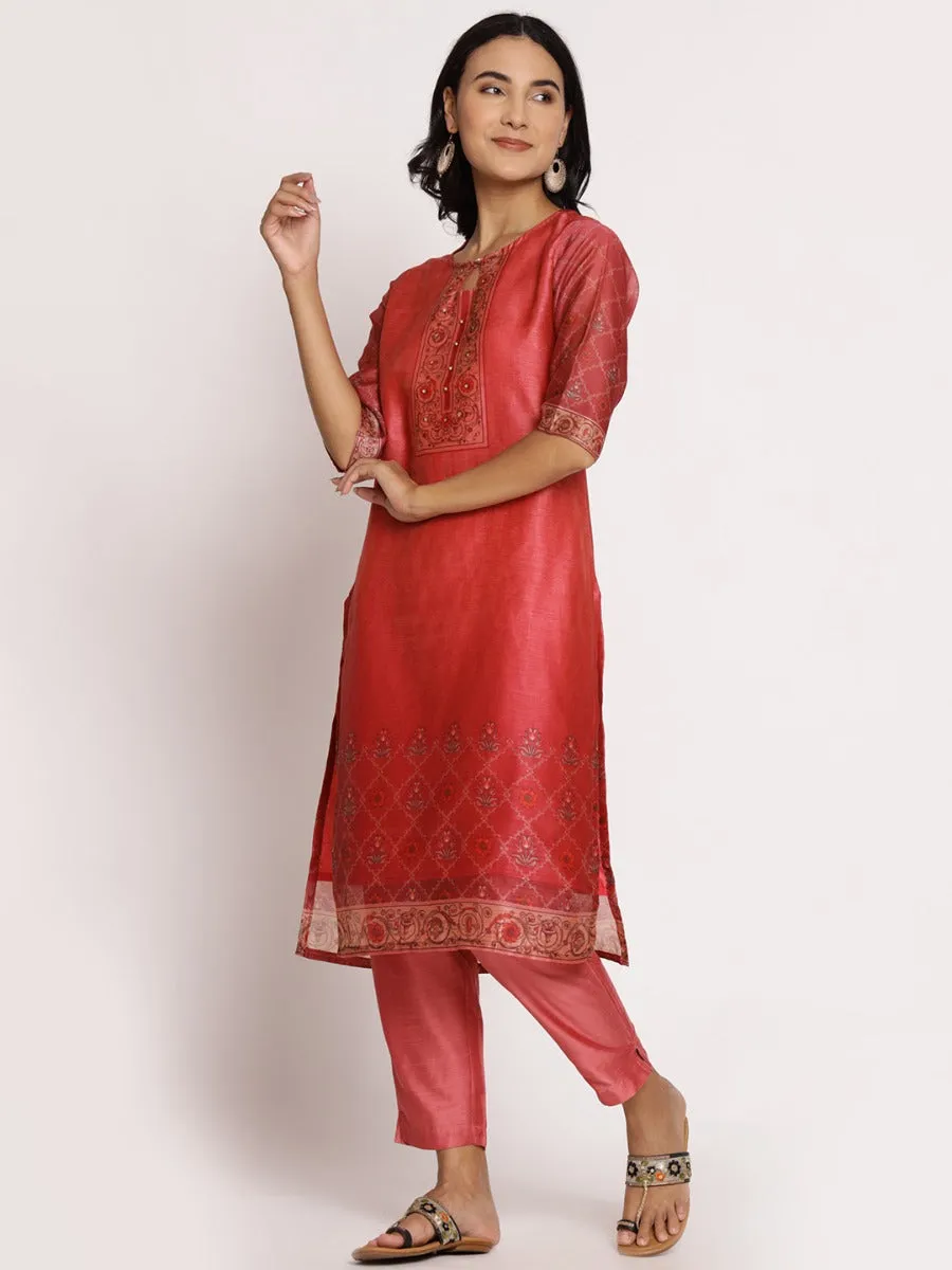 Women Pink Ornamental Printed Kurta Trouser Dupatta